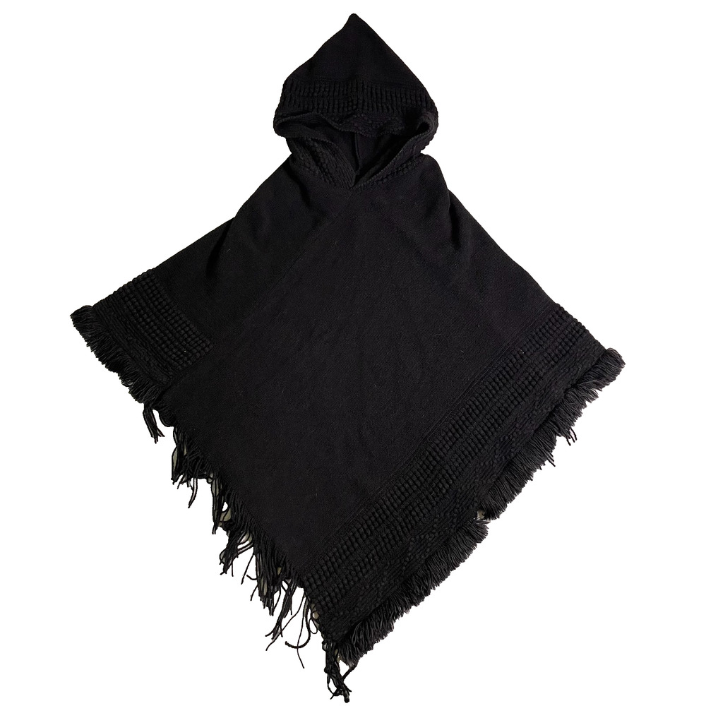 Black Hooded Poncho Womens One Size Knit Fringe Renaissance Minimalist Top Layer